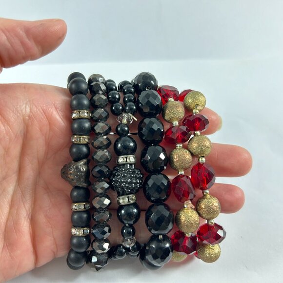 Lot 6 Stretch Bracelets Black Red Gold Beaded Layering Stacking Rhinestones - Picture 8 of 10